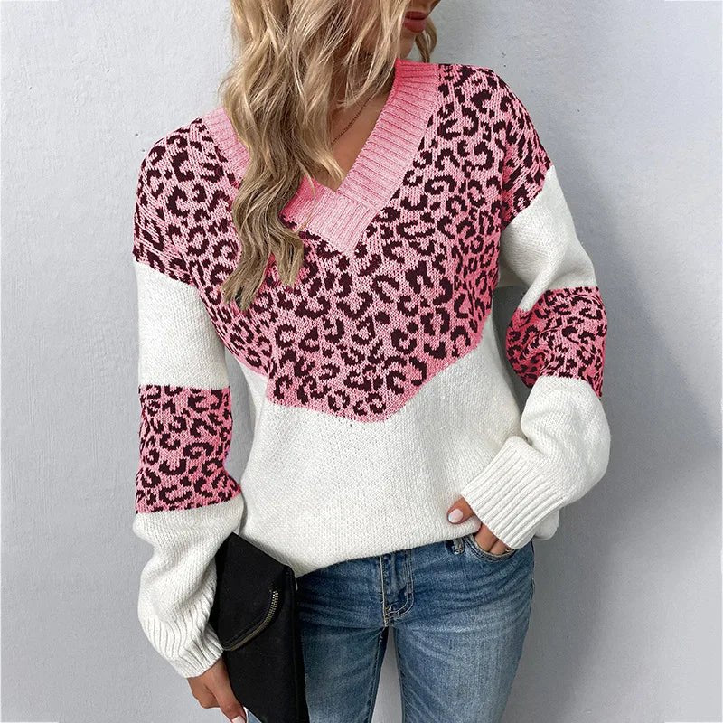 Women's Leopard Print V-Neck Jumper - Pink