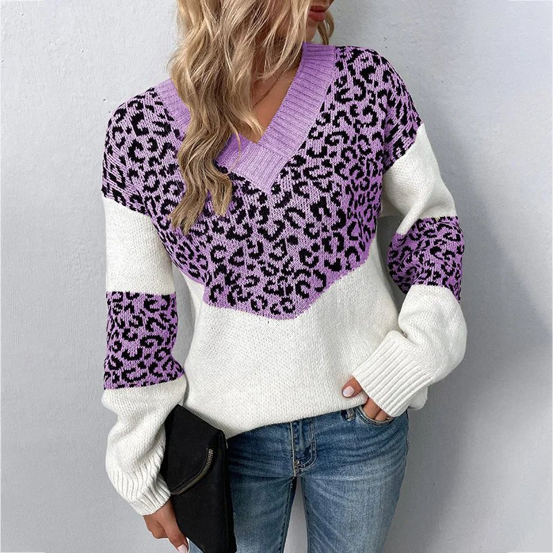 Women's Leopard Print V-Neck Jumper - Purple