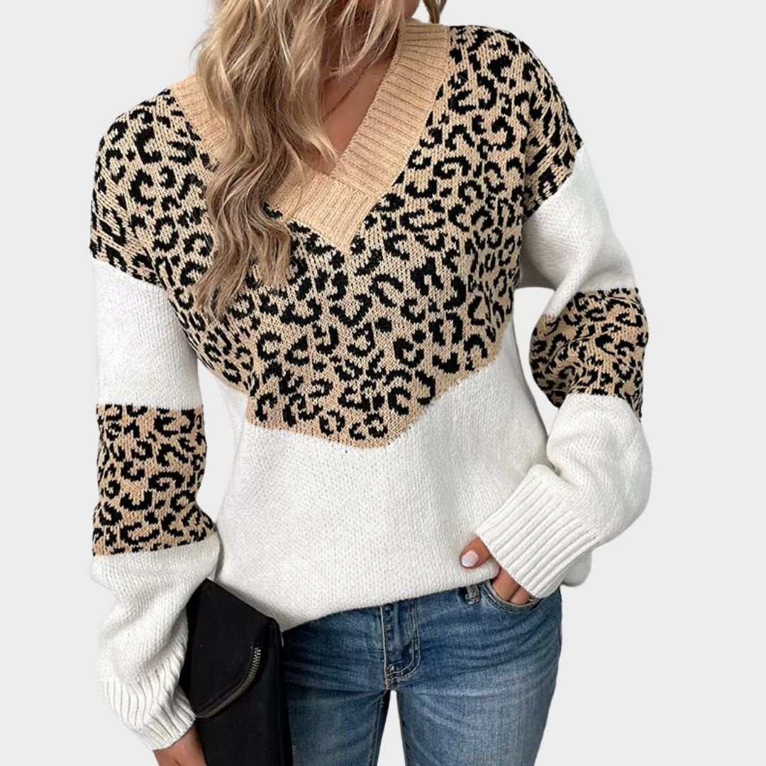 Women's Leopard Print V-Neck Jumper - Beige