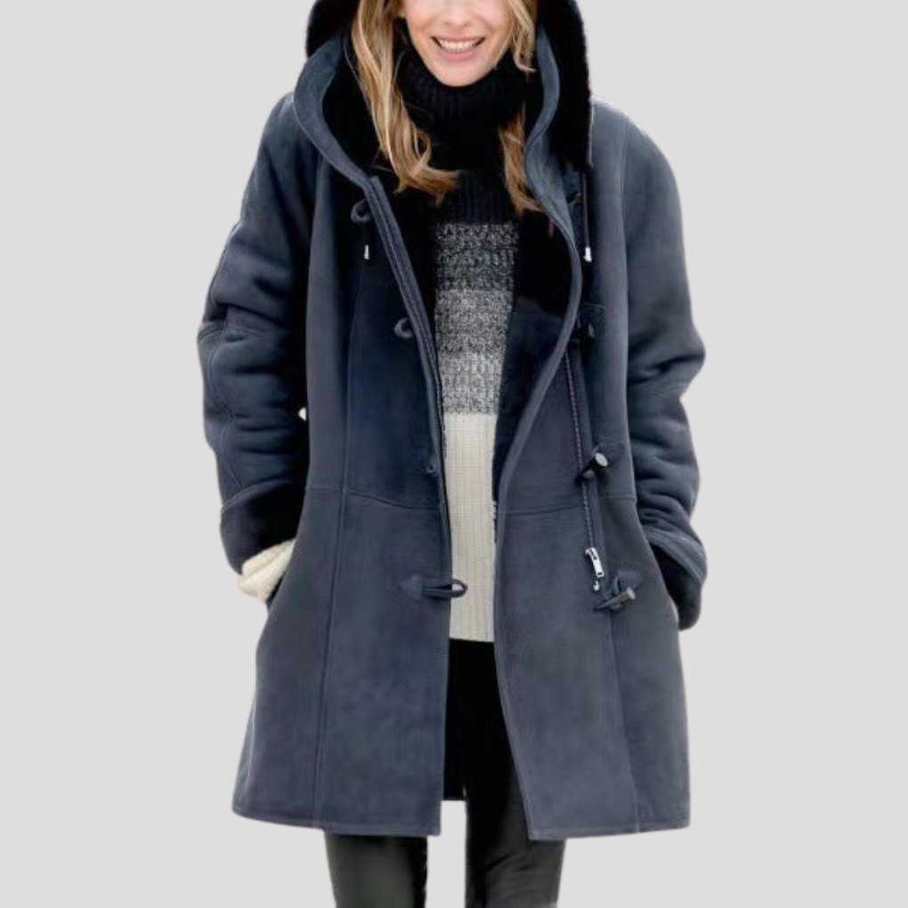 Women's Oversized Suede Duffle Hooded Shearling Coat - Dark Gray