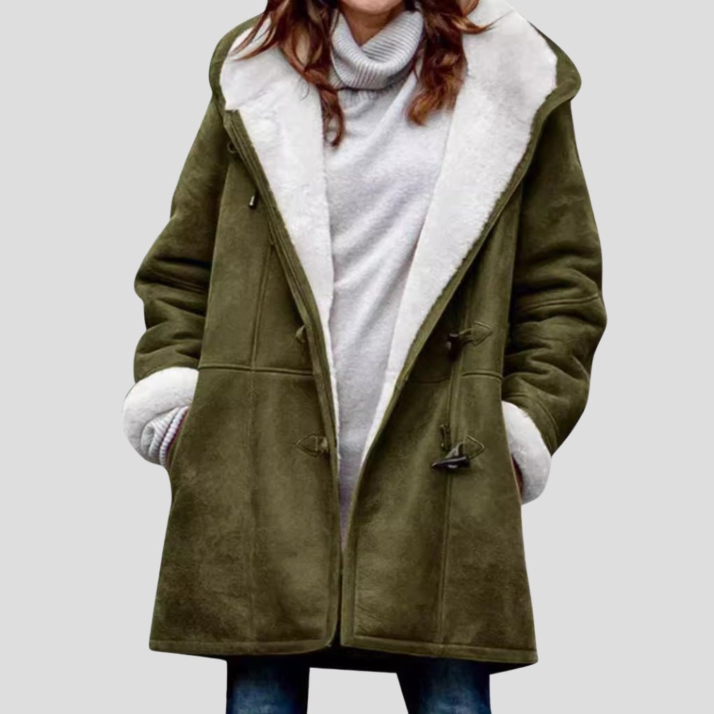 Women's Oversized Suede Duffle Hooded Shearling Coat - Dark Green