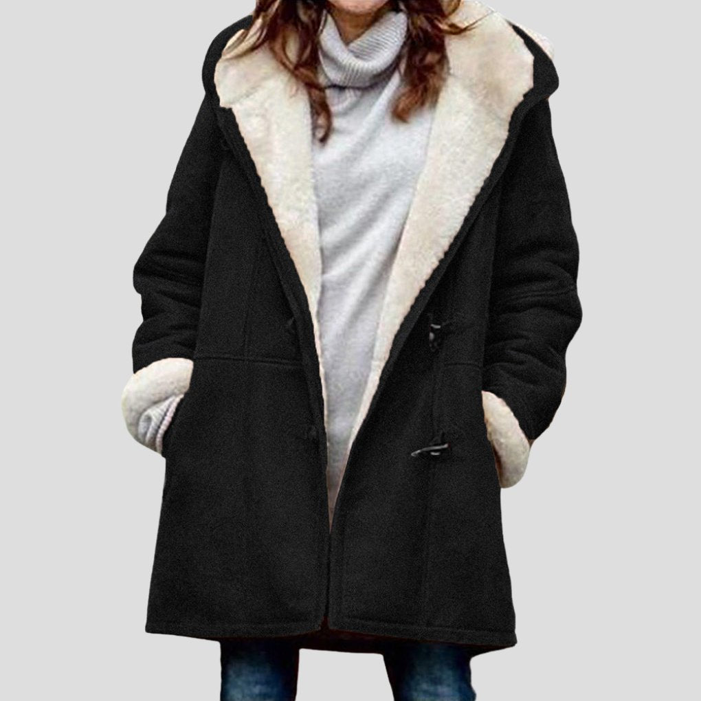 Women's Oversized Suede Duffle Hooded Shearling Coat - Black