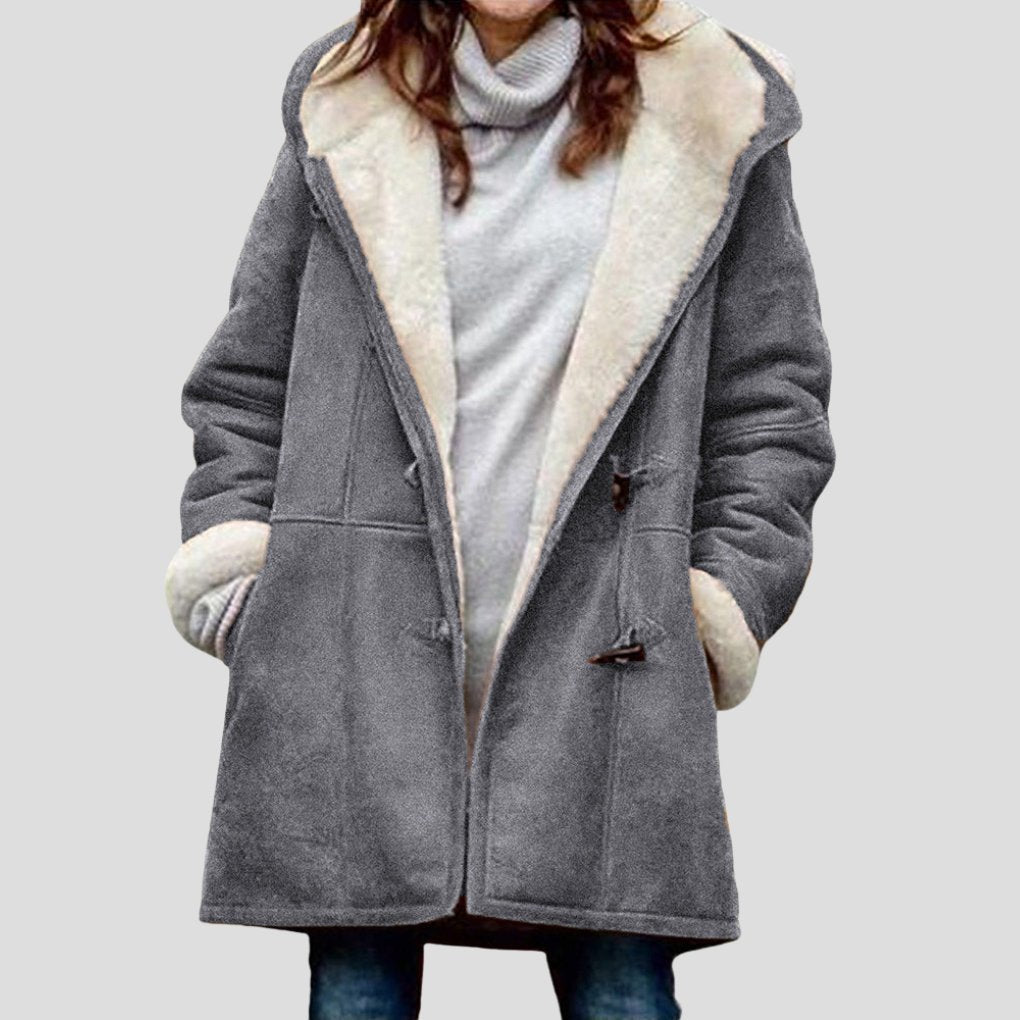 Women's Oversized Suede Duffle Hooded Shearling Coat - Gray