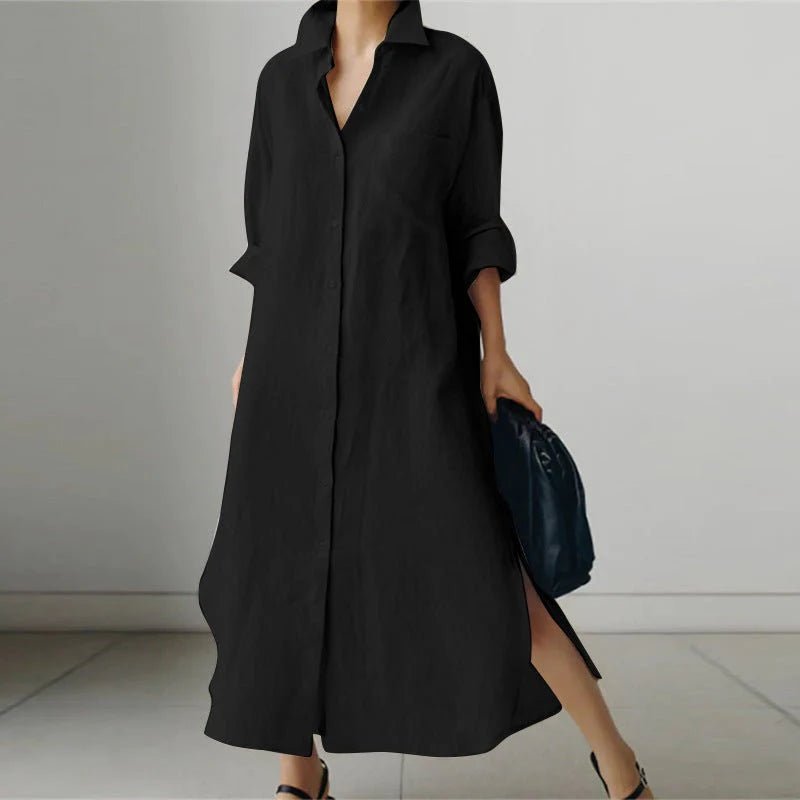 Women's Black Oversized Long Sleeve Maxi Shirt Dress - Black