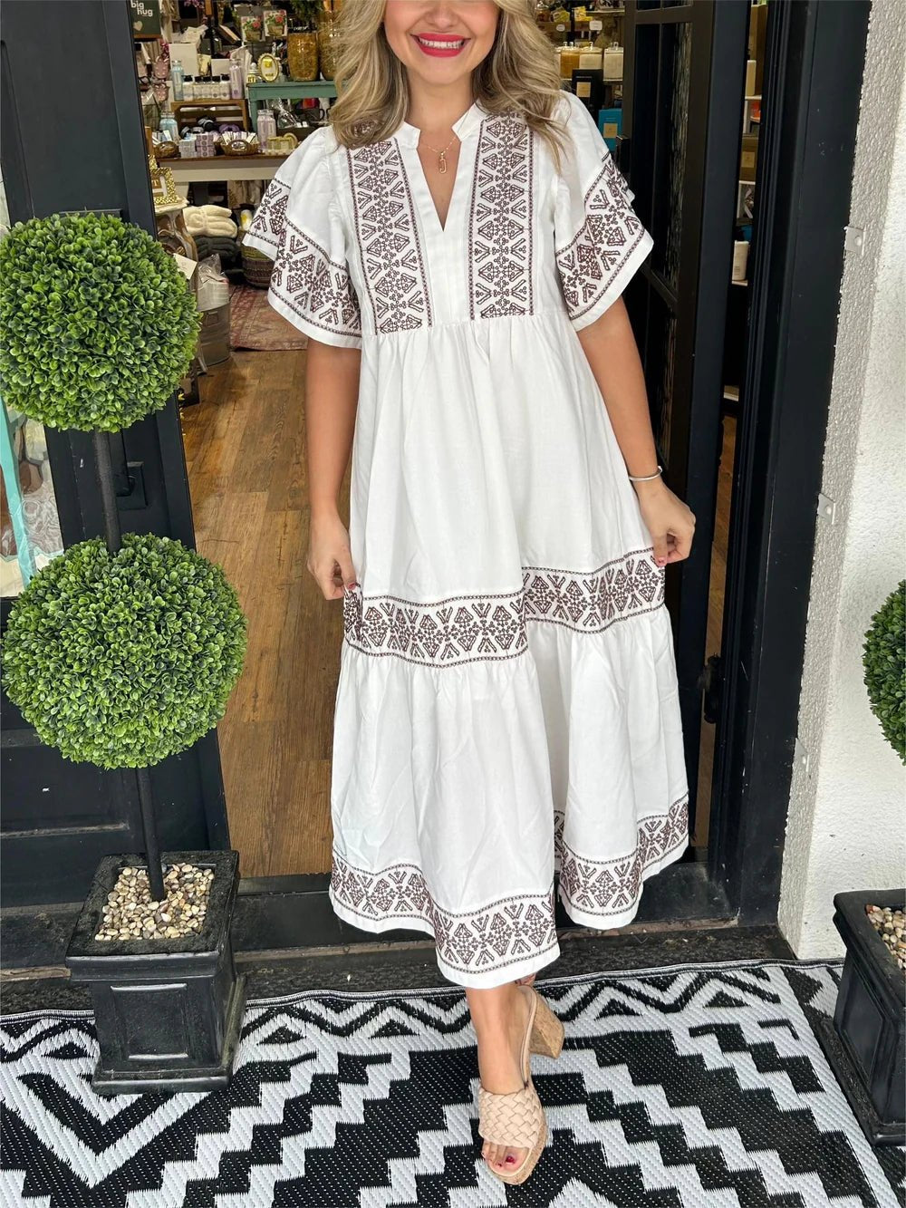 Women's Black V-Neck Midi Dress - White