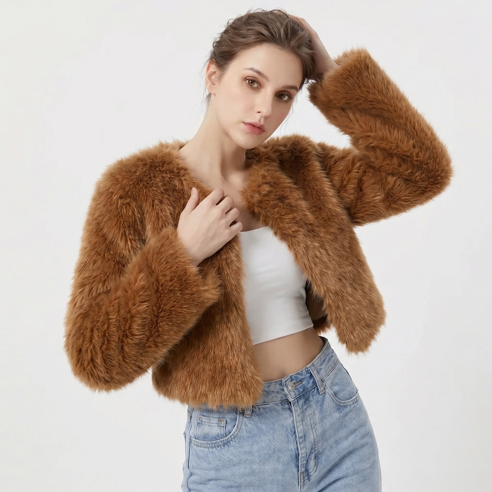 Women's Cropped Faux Fur Jacket - Dark Curry
