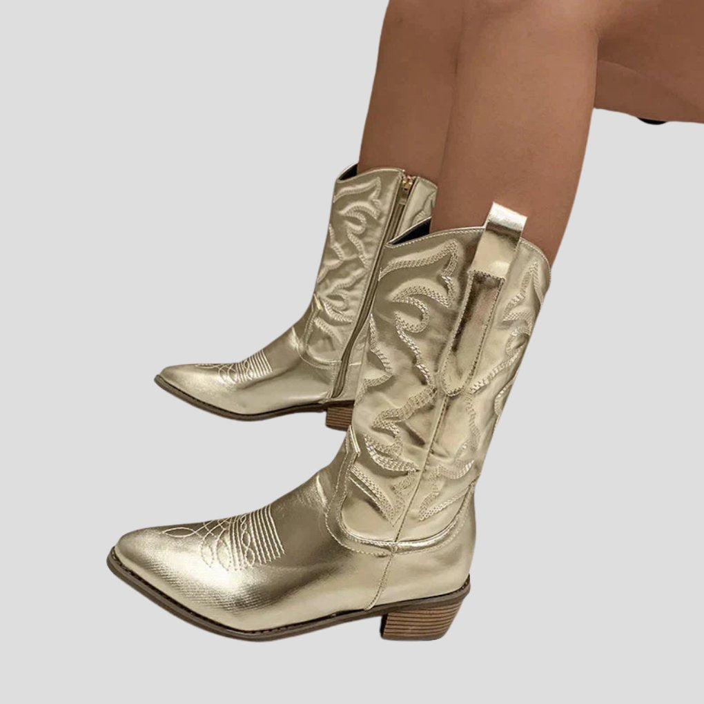 Women's Faux Leather Western Cowboy Knee-High Boots - Gold