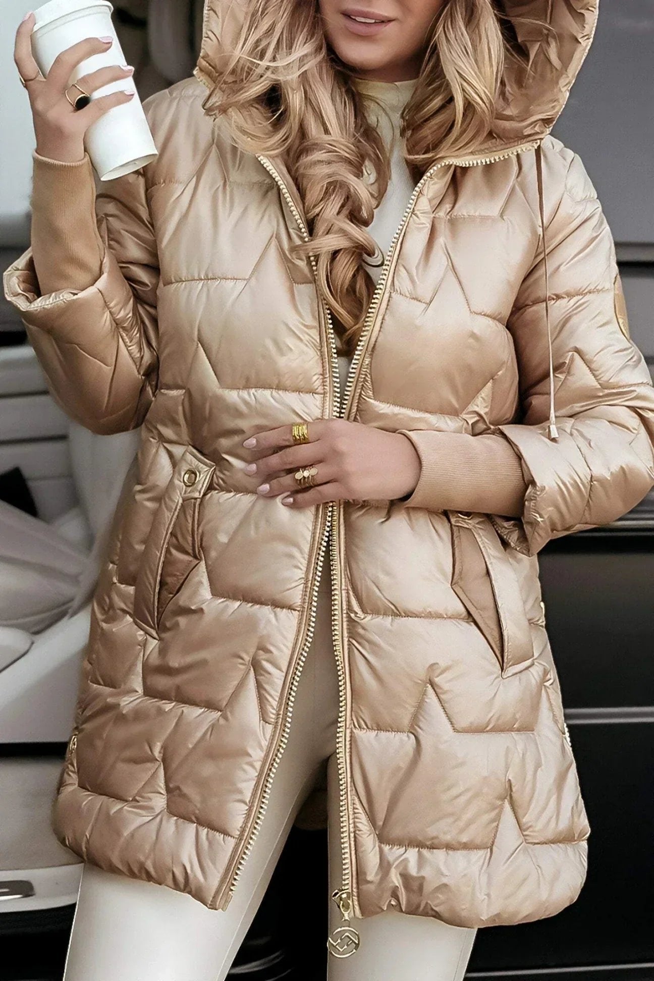 Women's Longline Hooded Puffer Coat - Beige