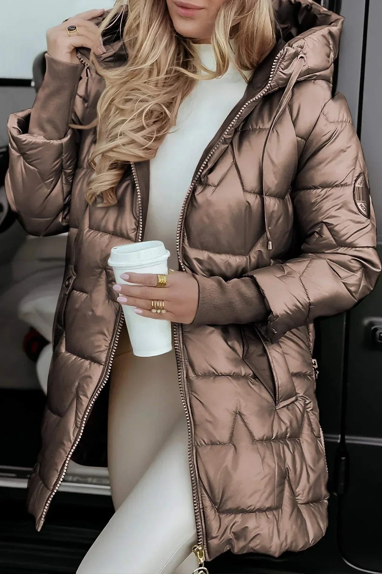 Women's Longline Hooded Puffer Coat - Brown