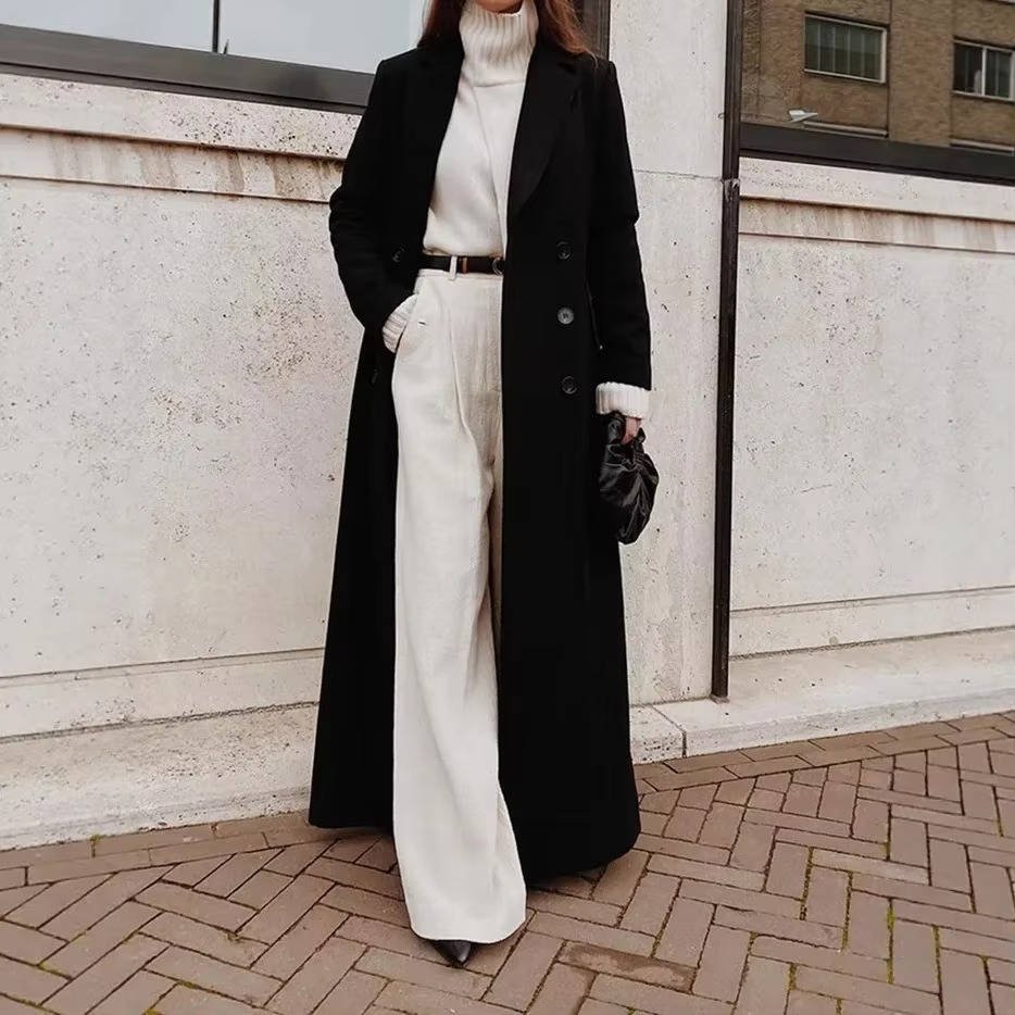 Women's Oversized Maxi Belted Longline Wool Trench Coat - M