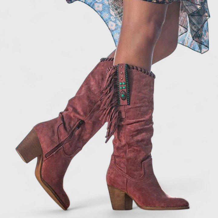 Women's Suede Fringe Western Knee-High Boots - Red