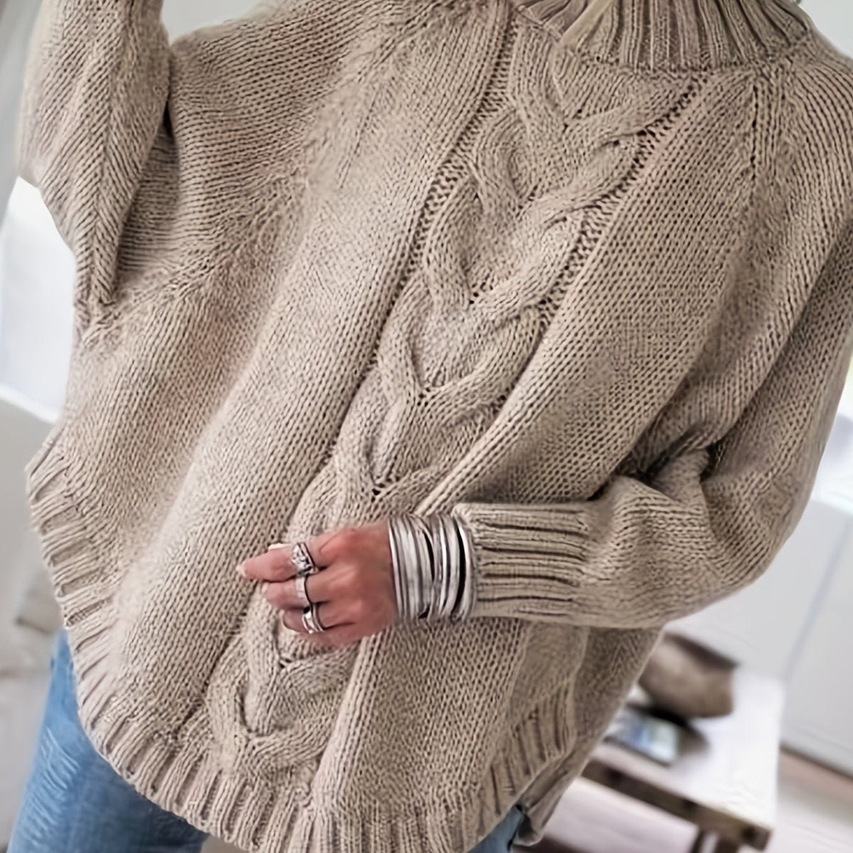 Women's Chunky Oversized Cable Knit Jumper - Khaki