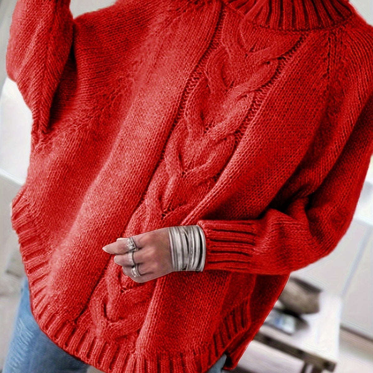 Women's Chunky Oversized Cable Knit Jumper - Red
