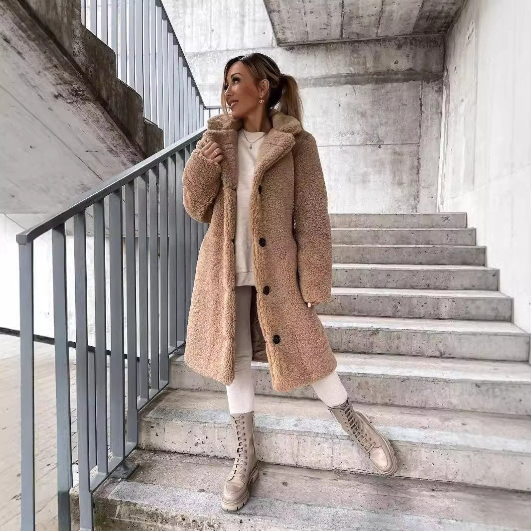 Women's Oversized Longline Teddy Coat - Khaki