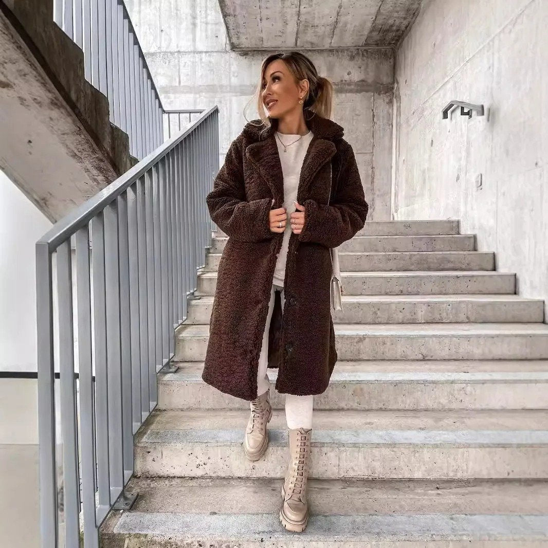 Women's Oversized Longline Teddy Coat - Coffee