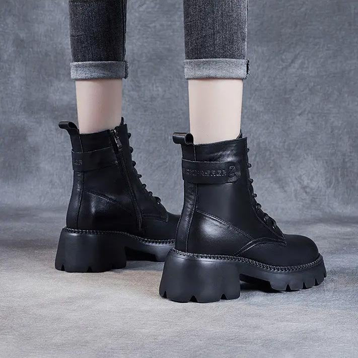 Women's Platform Combat Ankle Boots - Black
