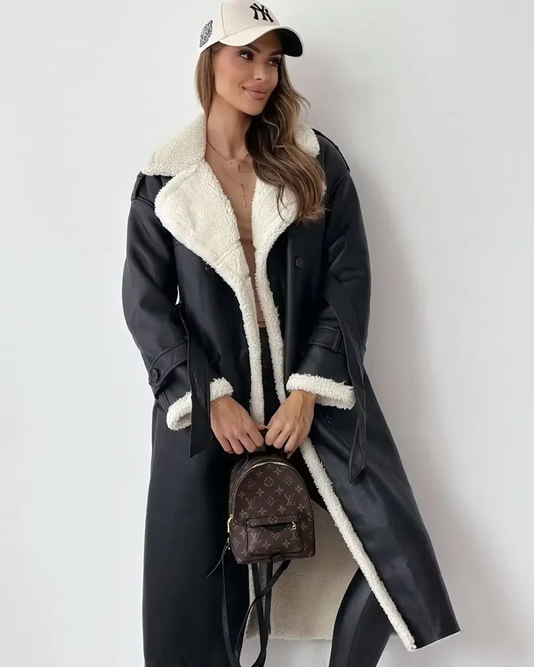 Women's Oversized Faux Leather Longline Teddy Trench Coat - Black