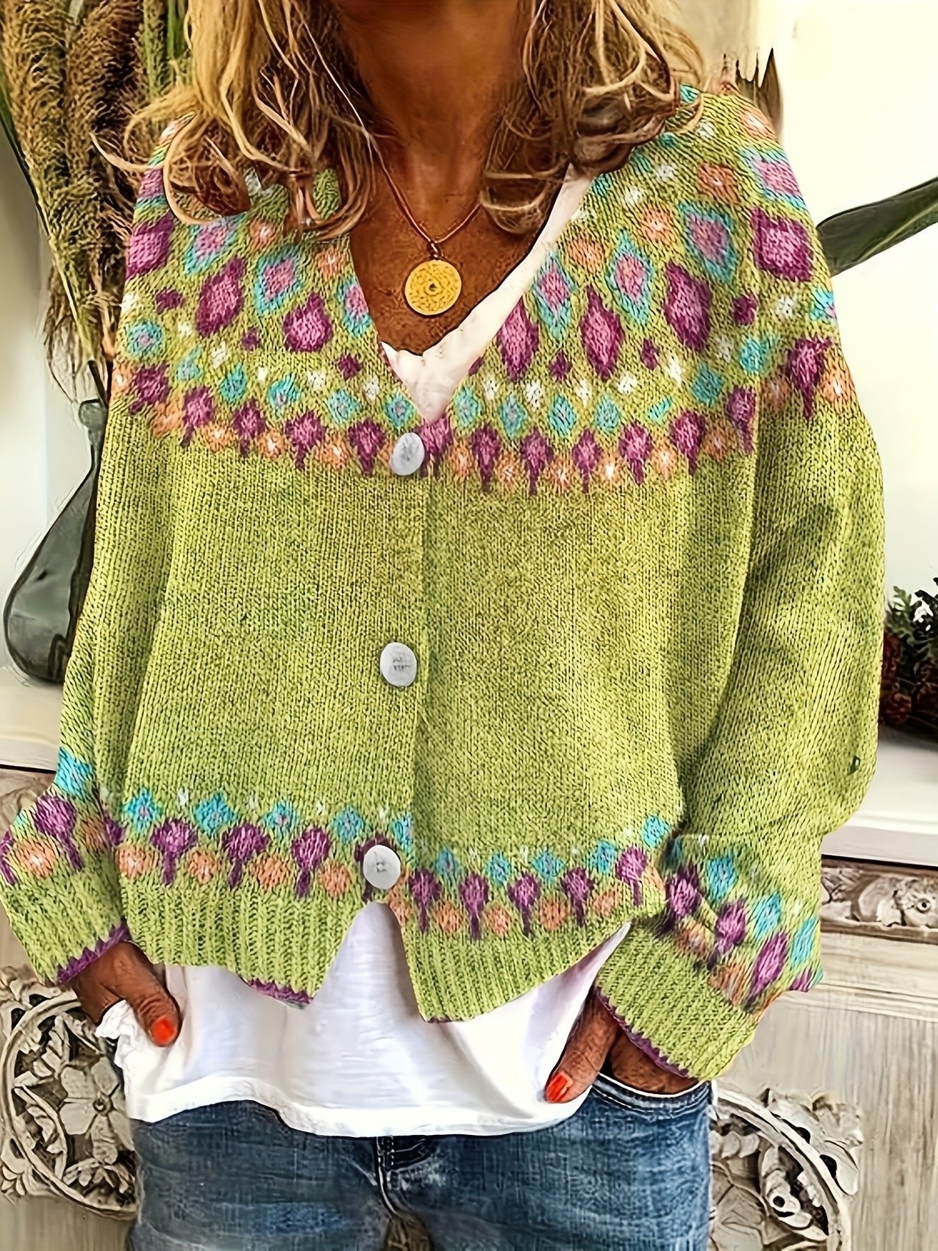 Women's Oversized Floral Christmas V-Neck Cardigan