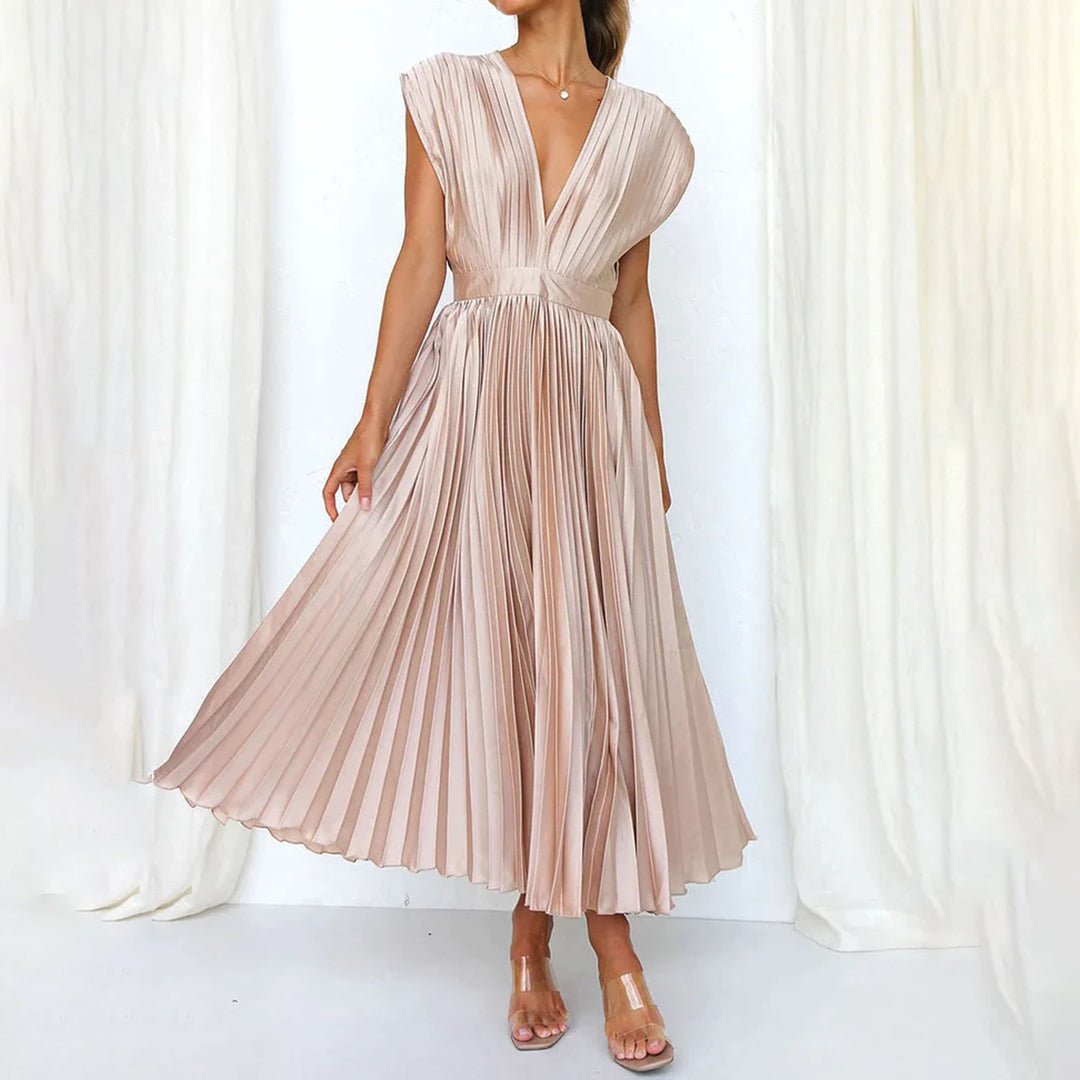 Women's Pleated Satin Midi Party Wrap Dress - Champagne