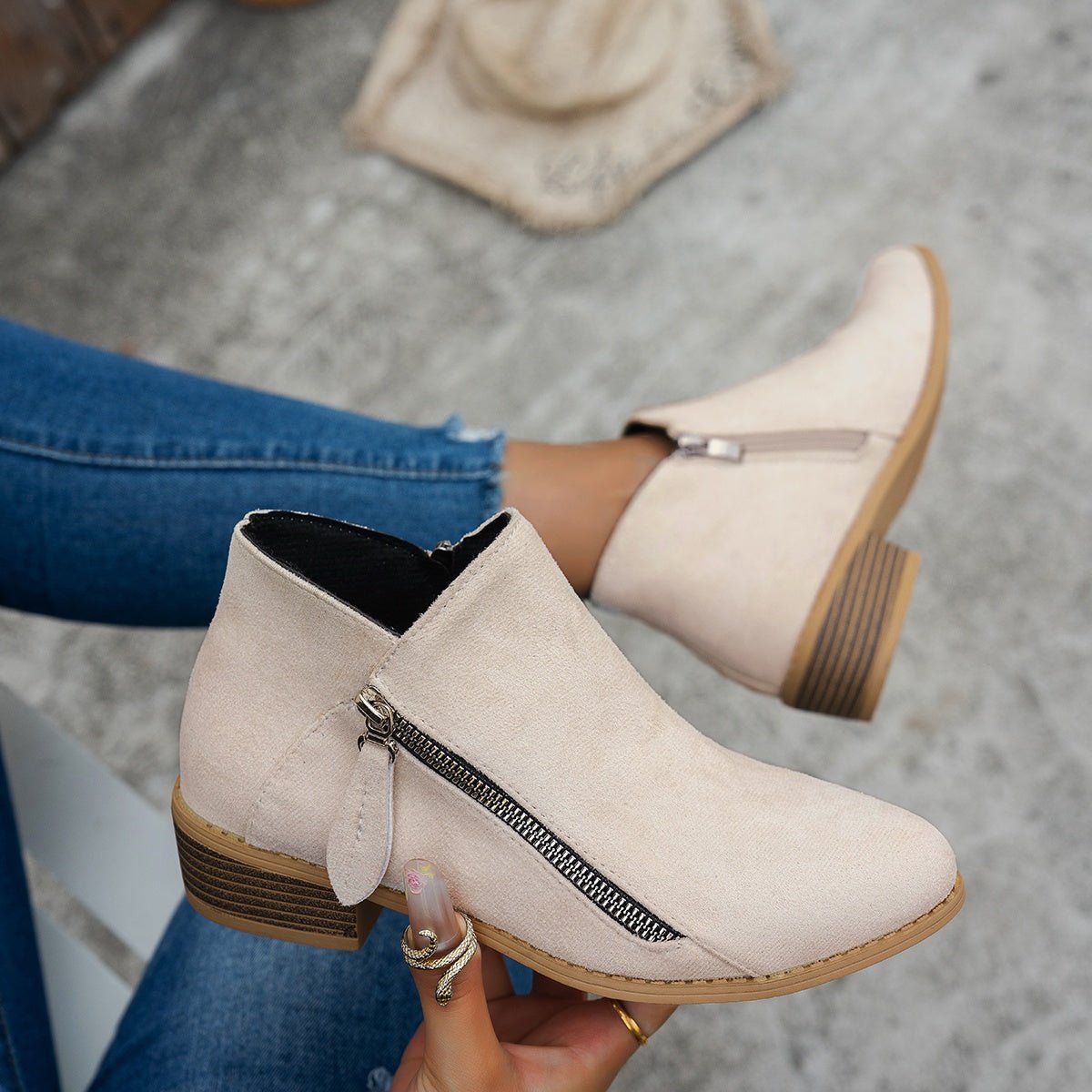 Women's Suede Ankle Boots - Beige