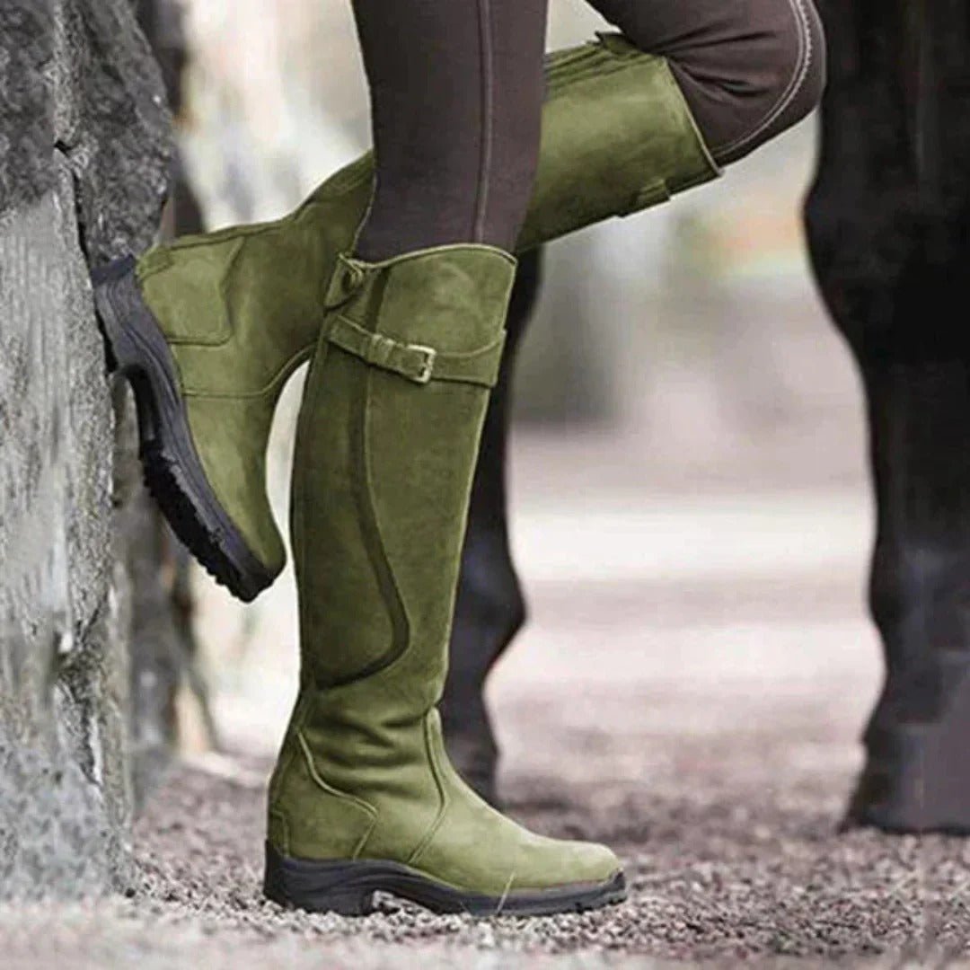 Women's Suede Knee-High Riding Boots - Green