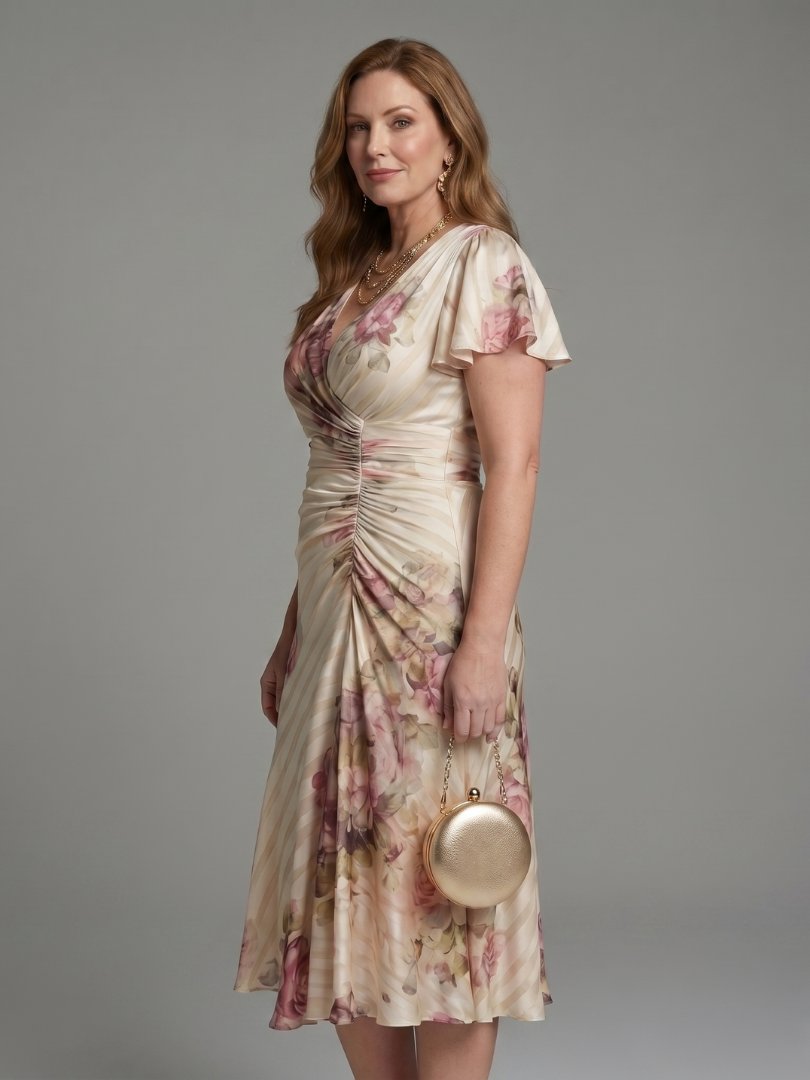 Women's Floral Satin Wrap Midi Party Dress