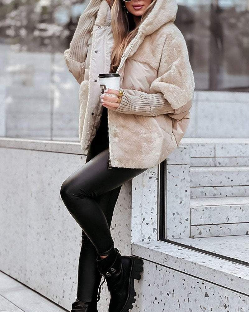 Women's Hooded Faux Fur Puffer Jacket - Apricot