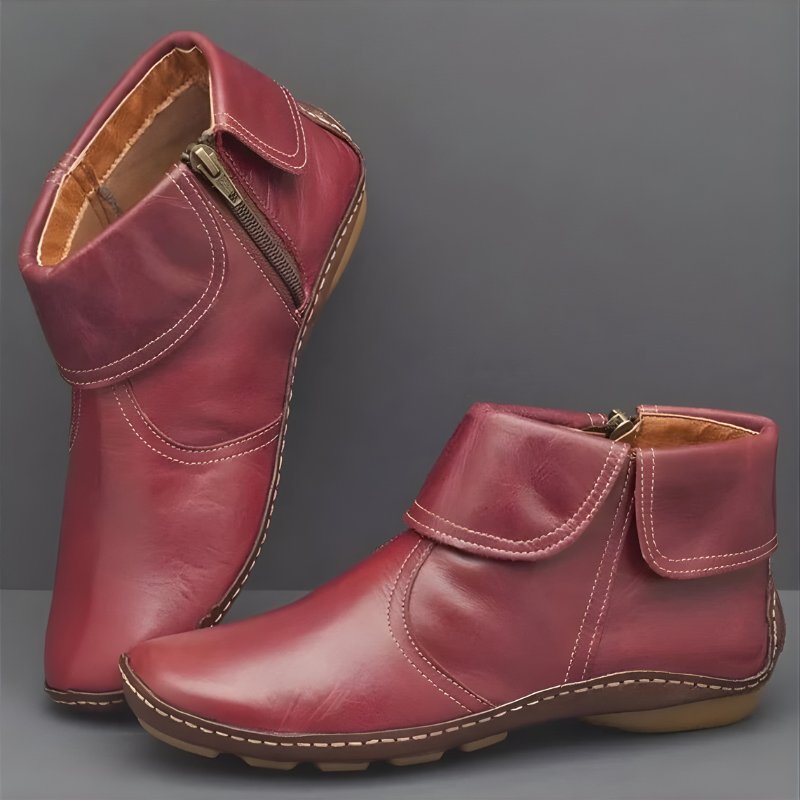 Women's Leather Ankle Boots - Red