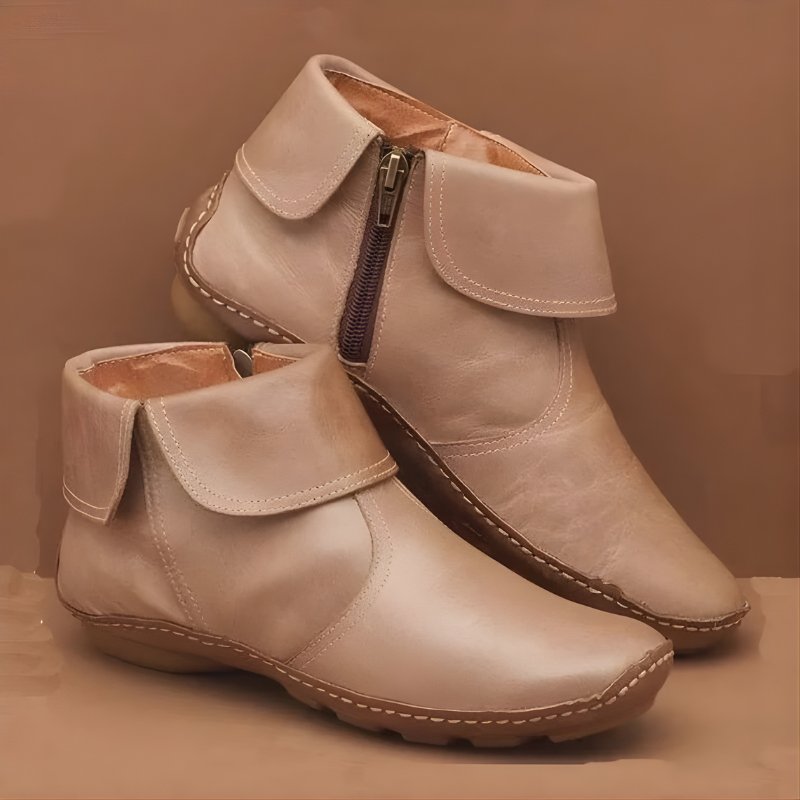 Women's Leather Ankle Boots - Beige