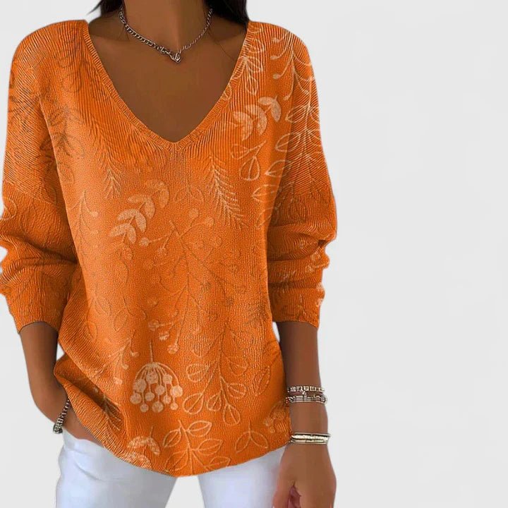 Women's Oversized Floral Ribbed V-Neck Jumper
