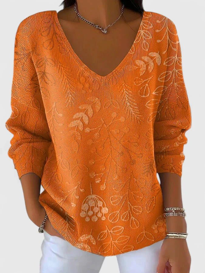 Women's Oversized Floral Ribbed V-Neck Jumper - Orange