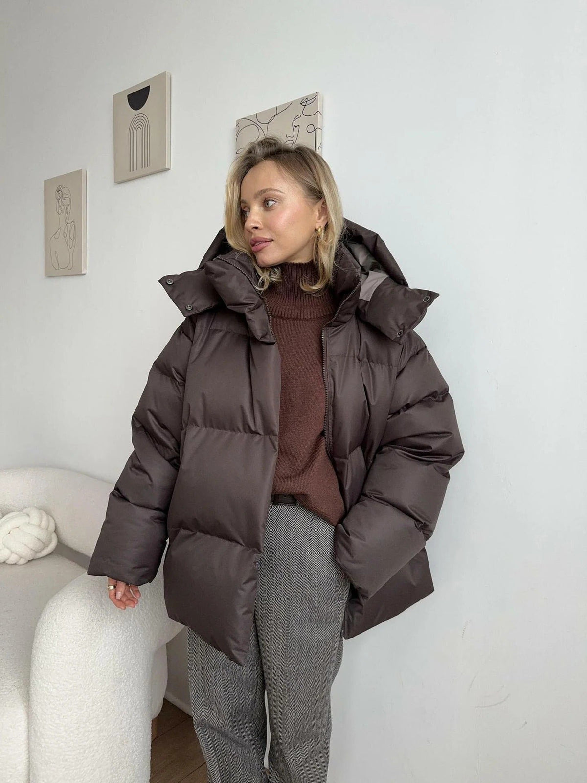 Women's Oversized Hooded Puffer Jacket - Brown