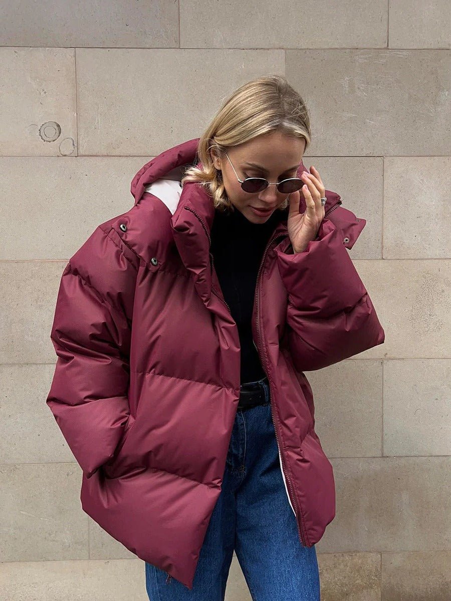 Women's Oversized Hooded Puffer Jacket - Red