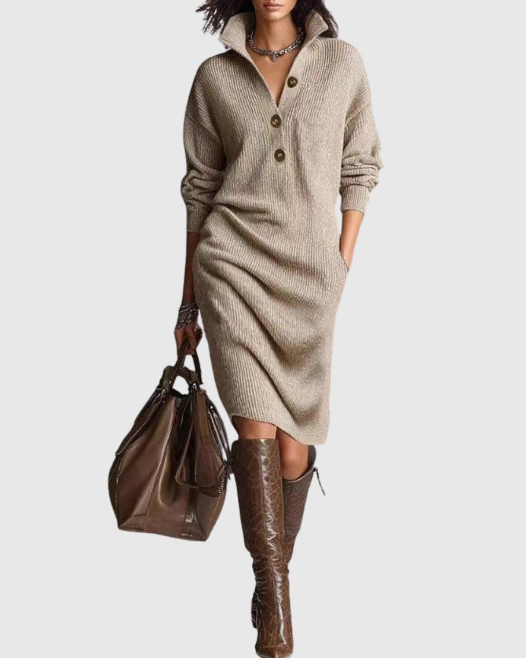 Women's Ribbed Midi Jumper Dress - Khaki