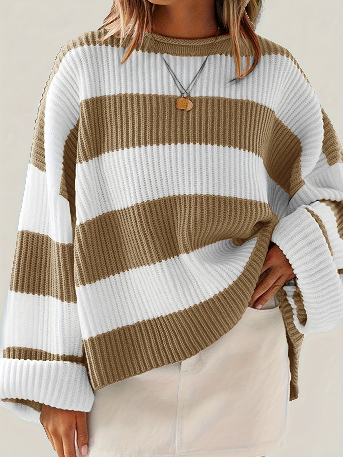 Women's Chunky Oversized Striped Knit Ribbed Jumper