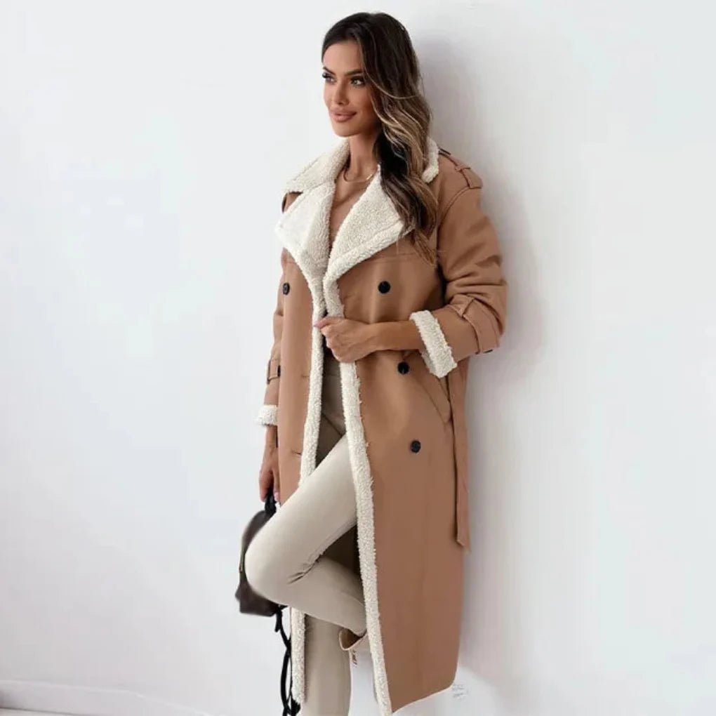 Women's Oversized Faux Leather Belted Shearling Trench Coat - Khaki