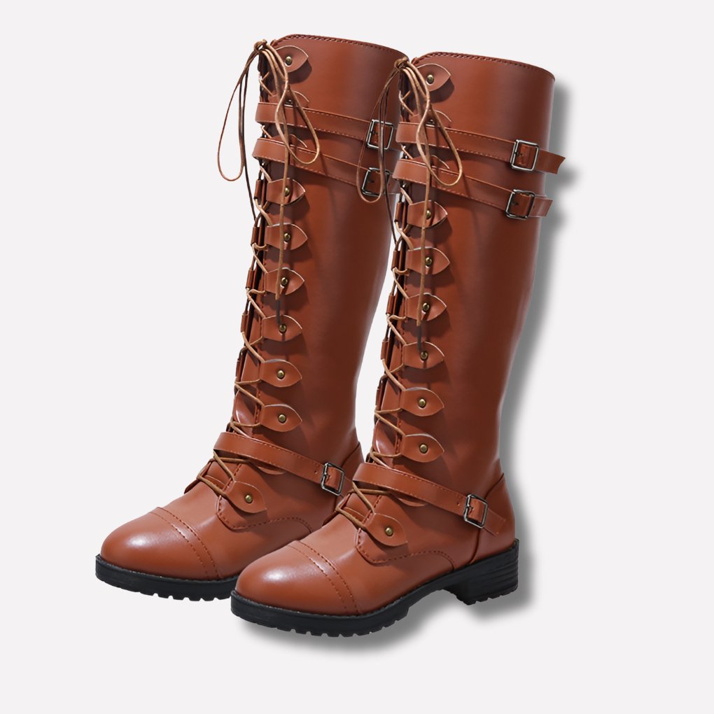 Women's Knee-High Combat Boots - Brown
