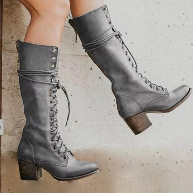 Women's Leather Combat Knee-High Boots - Grey