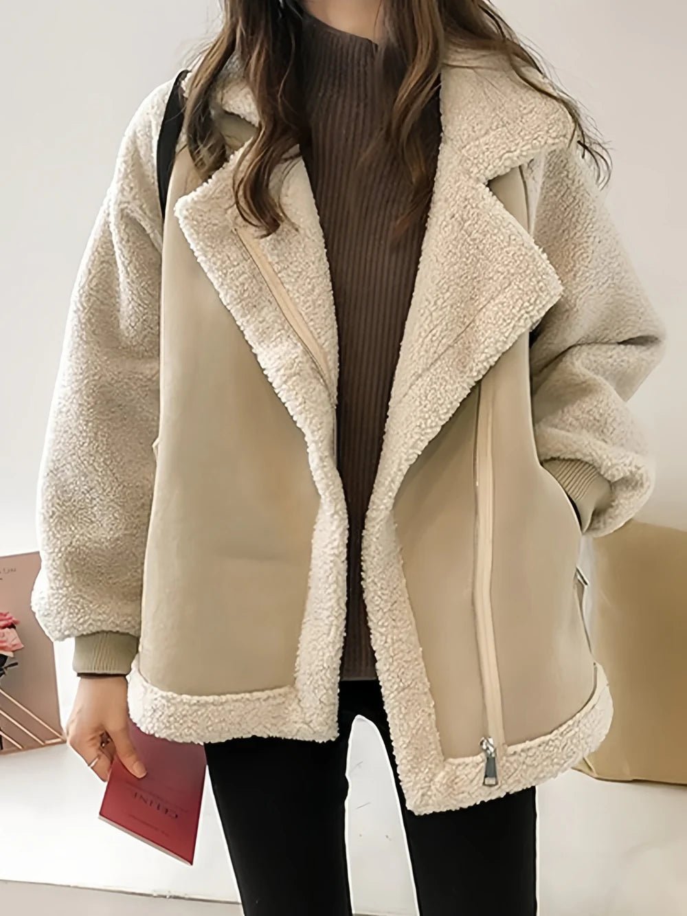 Women's Oversized Suede Moto Shearling Leather Jacket - Apricot