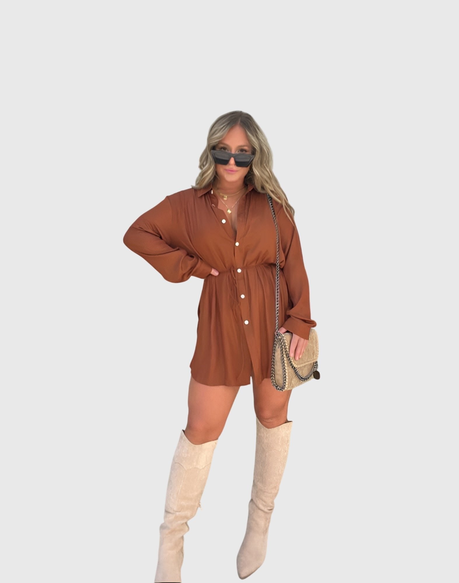 Women's Black Oversized Satin Long Sleeve Shirt Dress - Copper