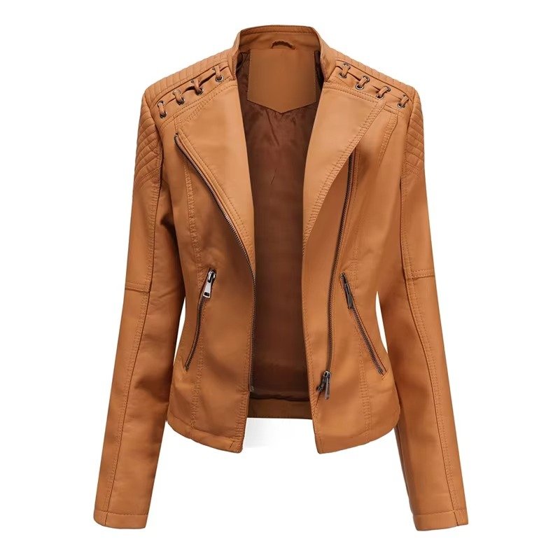 Women's Cropped Faux Leather Moto Jacket - Camel