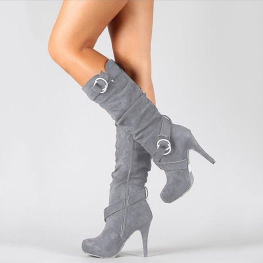 Women's Suede Platform Knee-High Boots - Grey