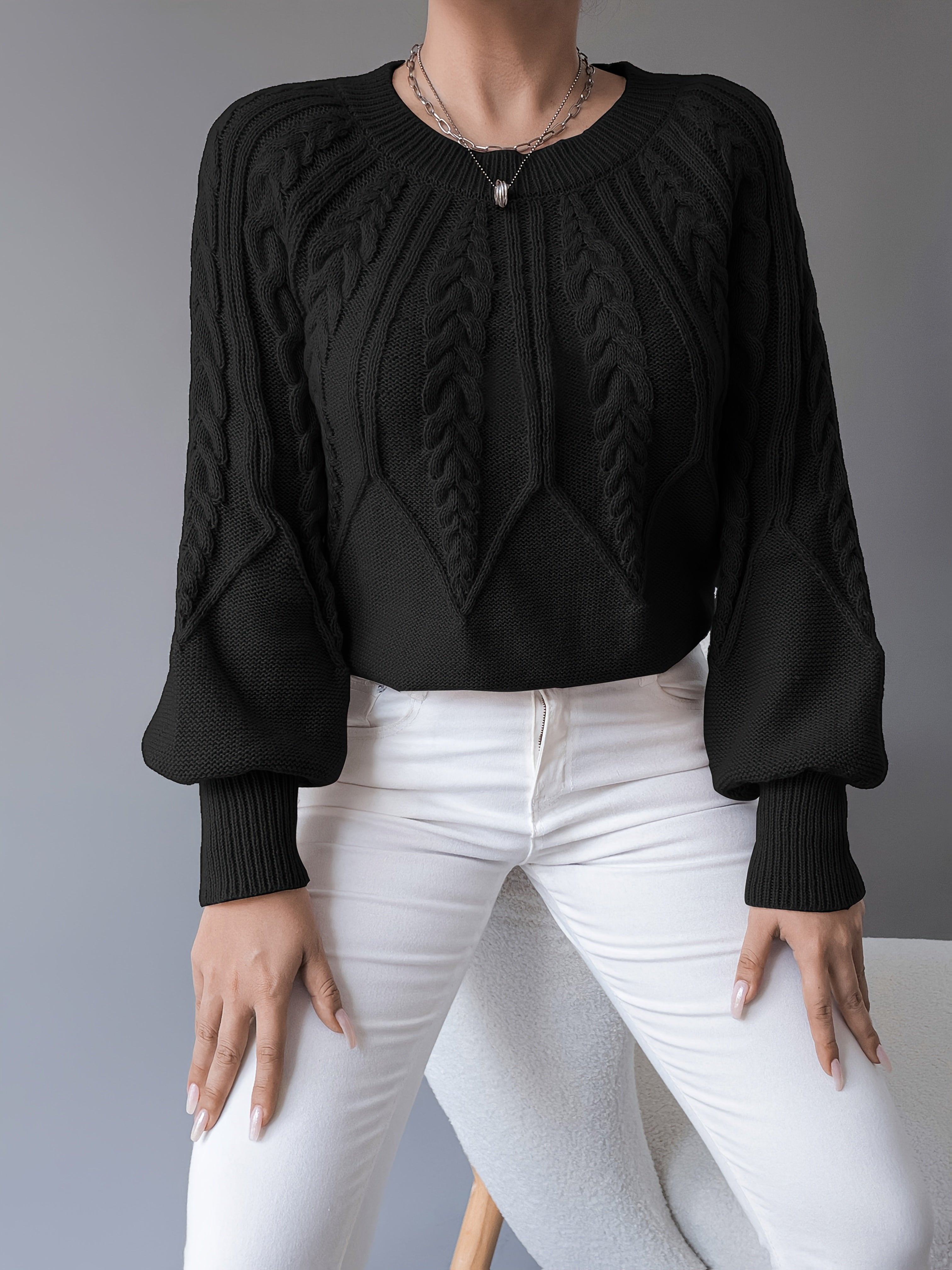 Women's Chunky Cropped Cable Knit Wool Jumper