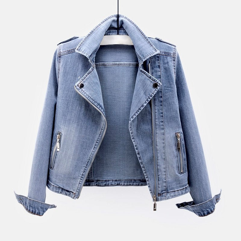 Women's Cropped Denim Moto Jacket - Light Blue