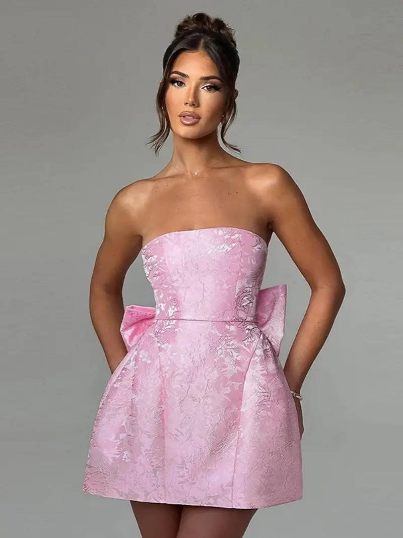 Women's Floral Jacquard Cocktail Strapless Mini Party Dress - Pink