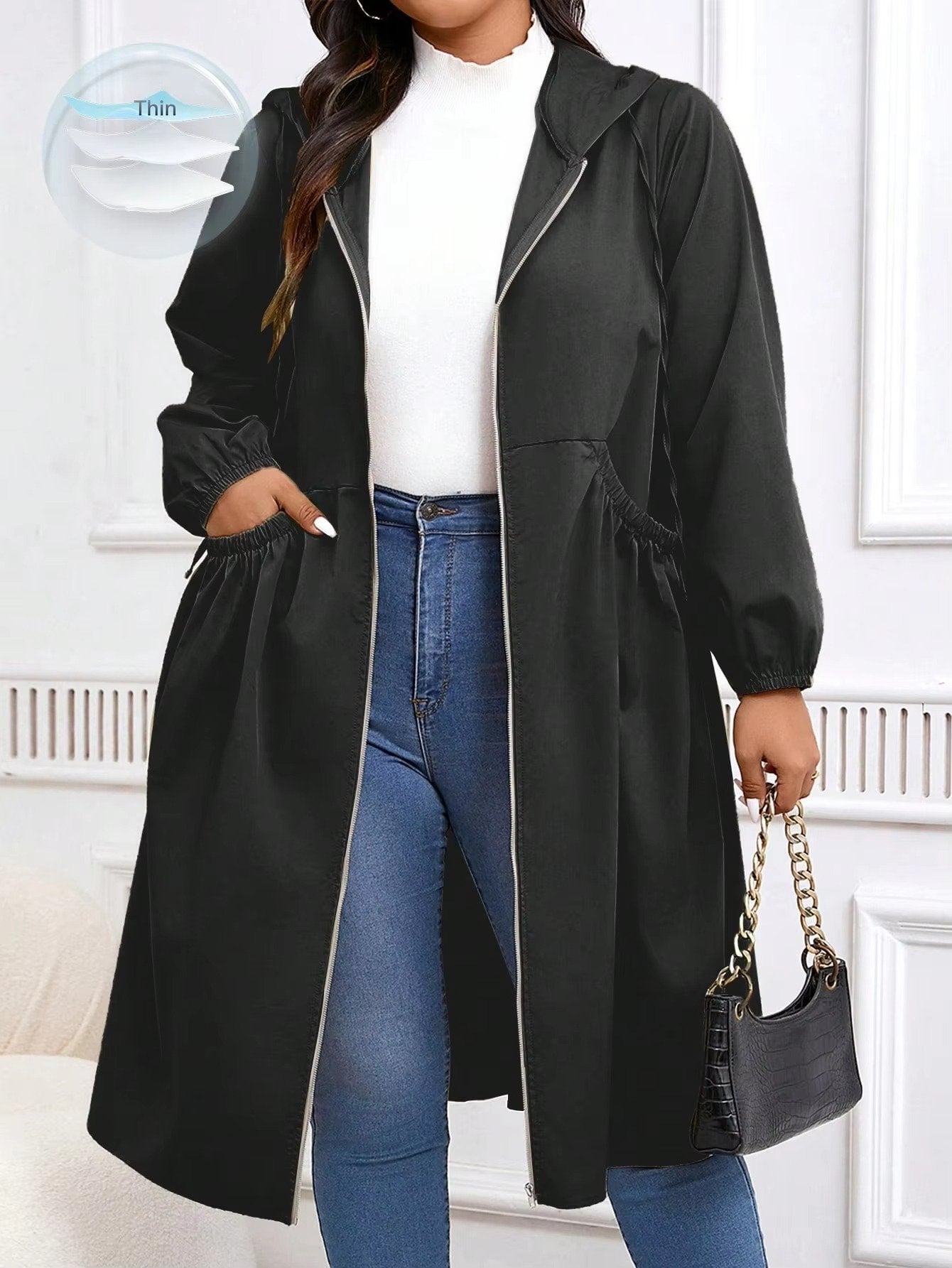 Women's Oversized Hooded Longline Trench Coat - Black