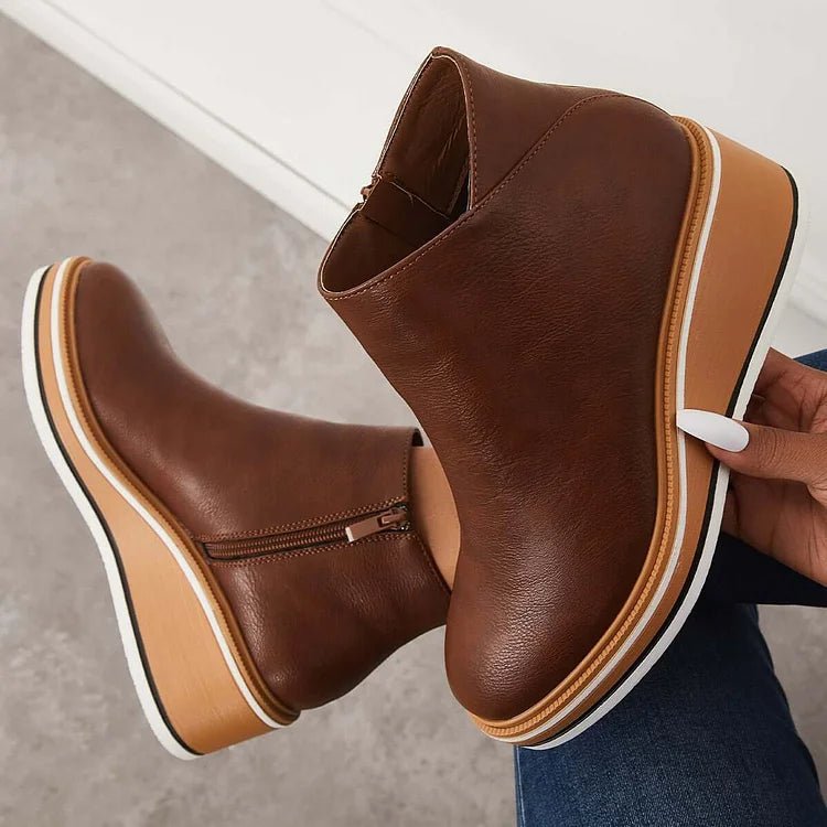 Women's Wedge Platform Ankle Boots - Dark Brown