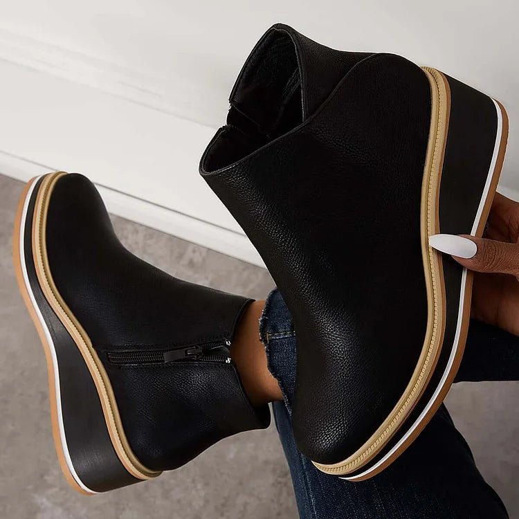 Women's Wedge Platform Ankle Boots - Black