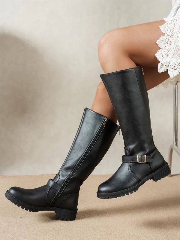 Women's Knee-High Faux Leather Boots - Black