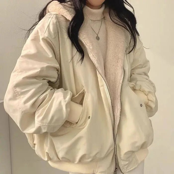 Women's Oversized Hooded Teddy Bomber Jacket - Beige